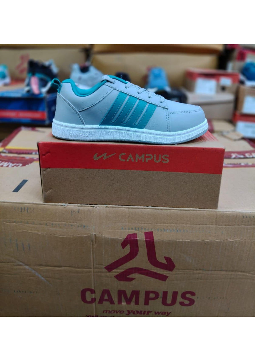 Light grey Campus casual sneaker with four diagonal teal stripes and thick white sole on branded box.