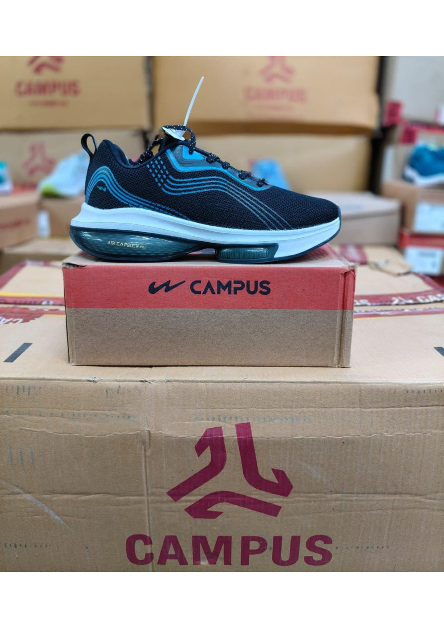 Side profile of a Campus Air Capsule Pro men's running shoe in black with teal air units and a white midsole