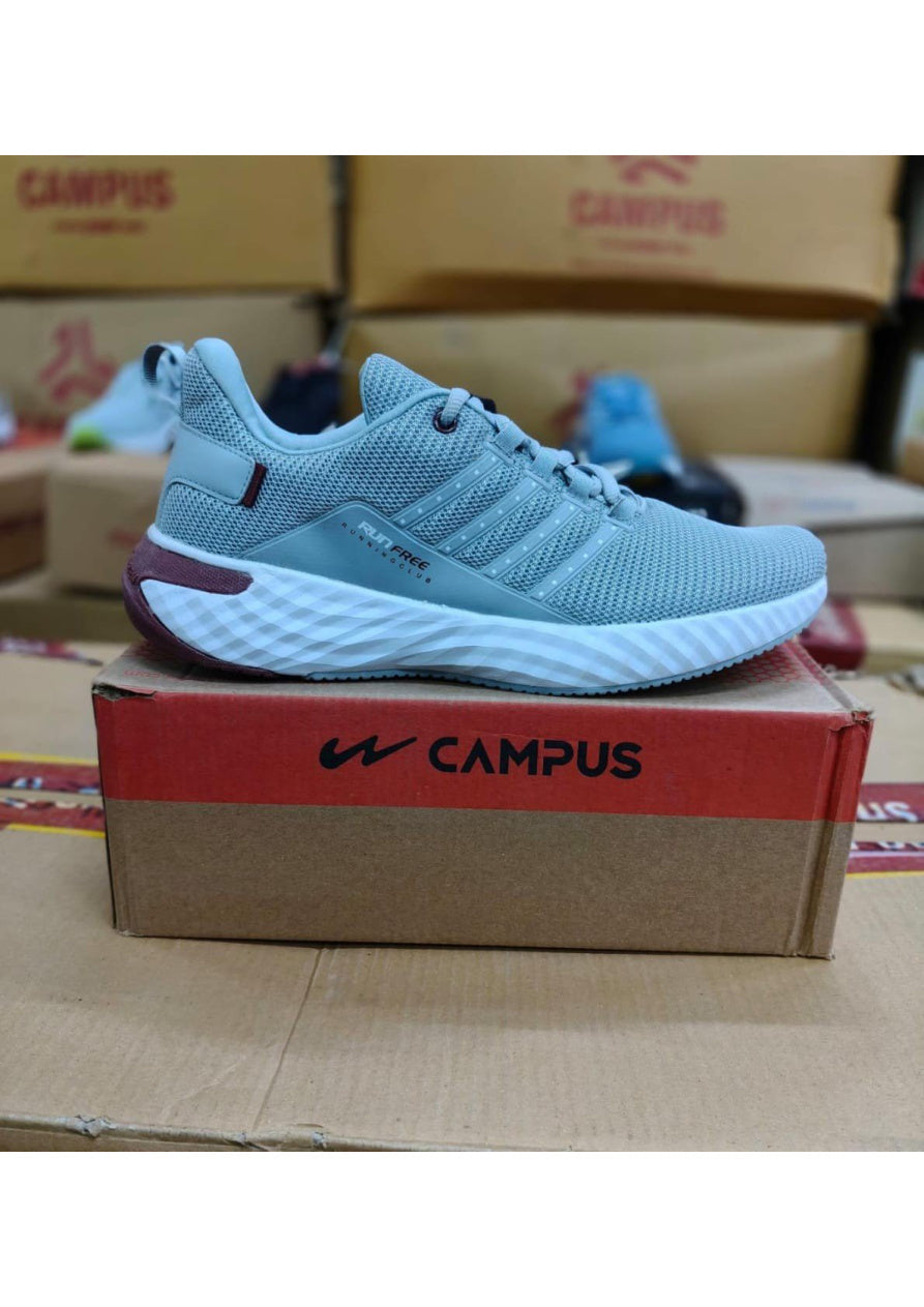 Side view of a Campus Run Free Running Club shoe in light teal with a white textured midsole and maroon heel accents