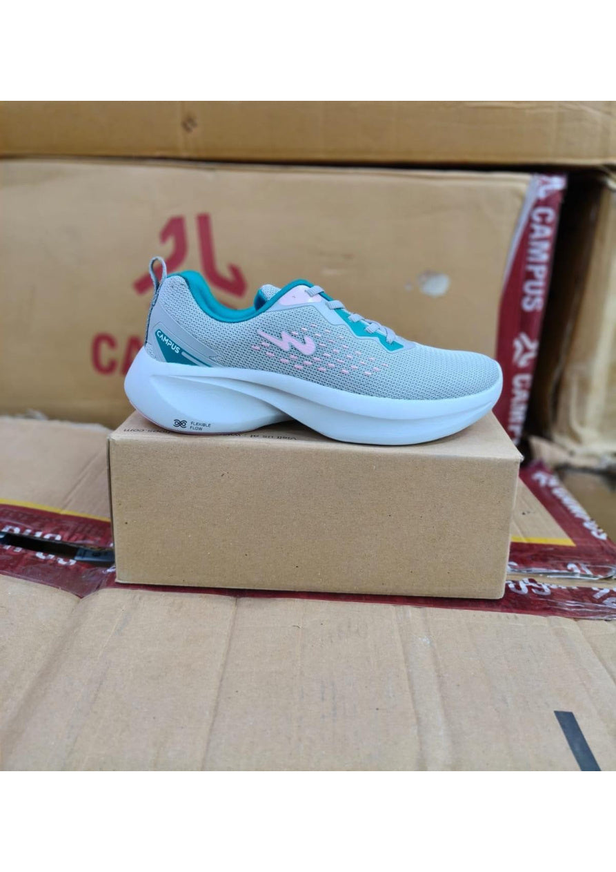 Side view of a Campus Flexible Flow women's running shoe in grey mesh with pink and teal accents and a thick white cushioned sole
