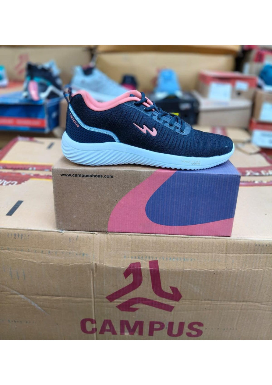 Navy Campus Yoga Flex women's shoe with salmon pink accents and white wavy midsole on branded box.