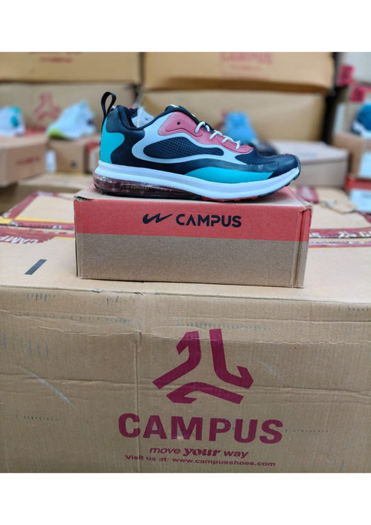 Campus running shoe with black mesh upper, teal and salmon overlays, white midsole, and visible clear Air-Capsule heel unit.