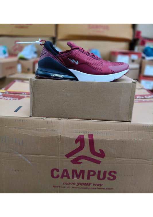 Maroon and black Campus athletic shoe with white midsole and visible black Air Capsule heel cushioning unit.