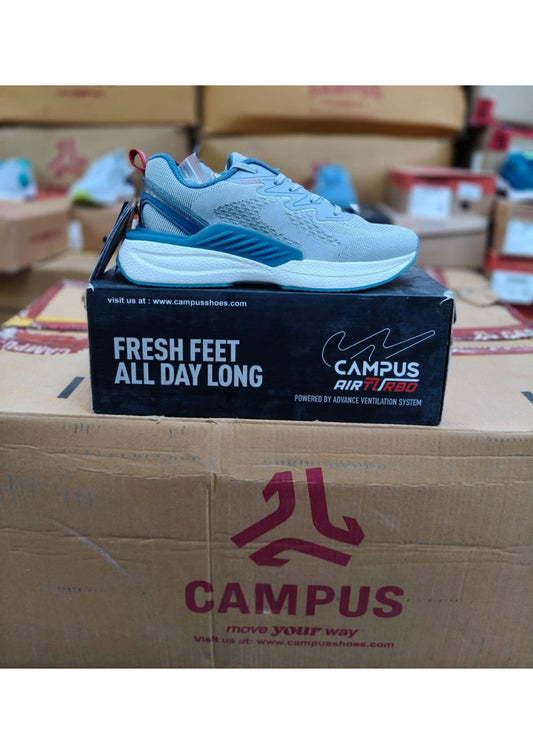 Light blue Campus Air Turbo running shoe with teal heel cage, chunky white midsole, and breathable mesh upper on branded box.