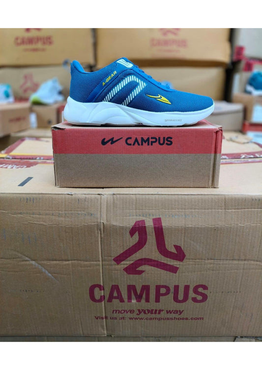 Side profile of a Campus A-Gear men's running shoe in royal blue mesh with a white Springy Fit midsole