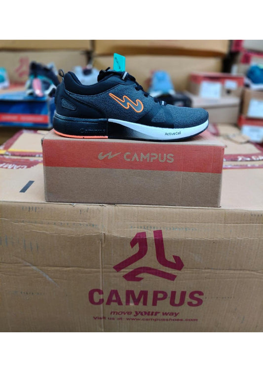Dark grey Campus Active Cell running shoe with orange logo, black and white split midsole, and marl knit upper.