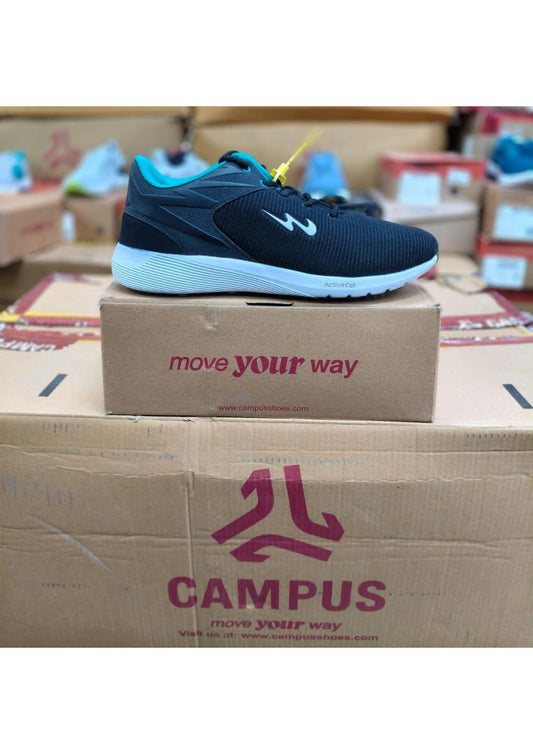 Black Campus mesh running shoe with teal collar lining, white ActiveCell midsole, and wave logo on side.