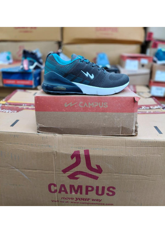 Side profile of a Campus Air Capsule men's running shoe in charcoal grey with teal accents and a visible heel air unit