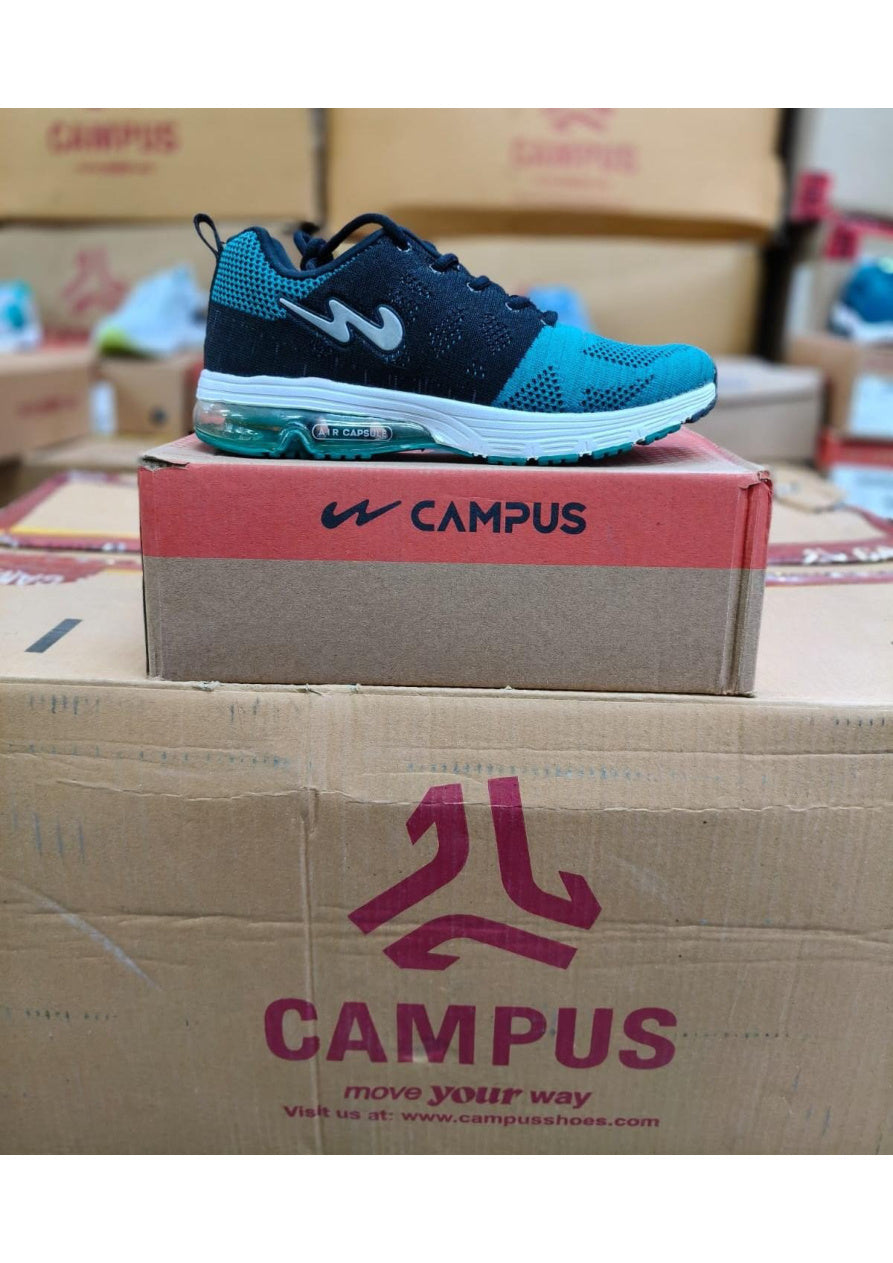 Side view of a Campus Air Capsule men's running shoe in teal and black with a visible heel air cushioning unit