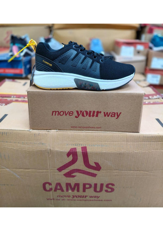 Black Campus running shoe with white midsole, slanted stripe cage, and clear heel window showing colourful cushioning beads.