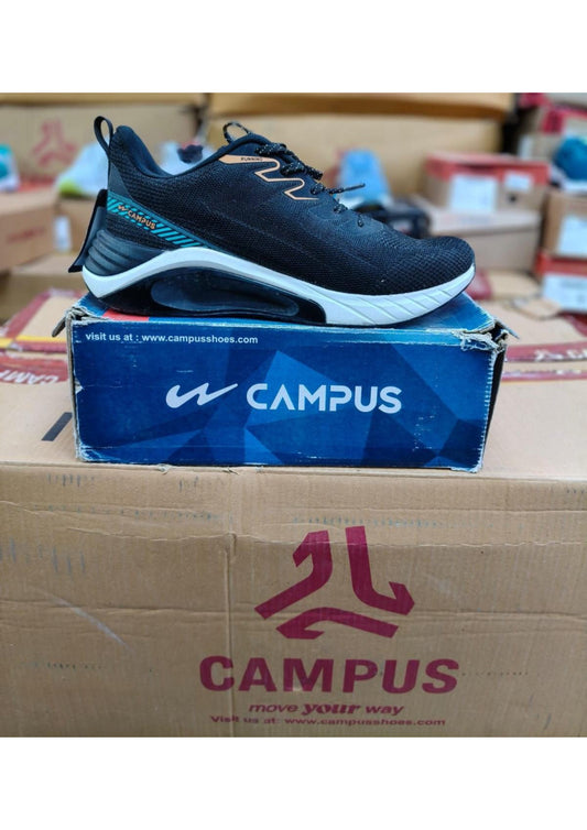 Black Campus running shoe with white chunky midsole featuring a decorative cutout window and teal heel branding.