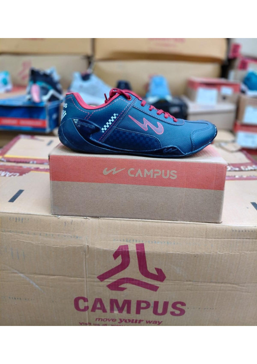 Side view of a Campus men's low-profile casual sneaker in navy blue with red laces and logo accents