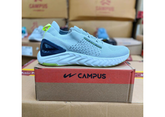 Side profile of a Campus Cushion Revolution men's running shoe in light grey knit with a navy heel counter and lime green accents