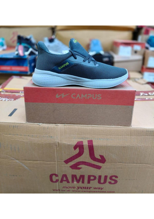 Dark grey Campus mesh running shoe with lime green CAMPUS branding and thick textured light grey sole.