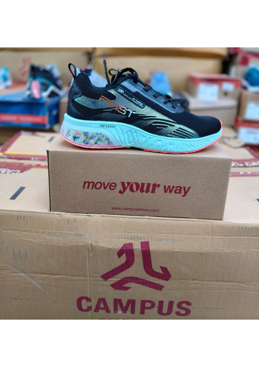 Black Campus Fast running shoe with iridescent FAST branding, teal midsole, bead-filled heel window, and orange outsole.