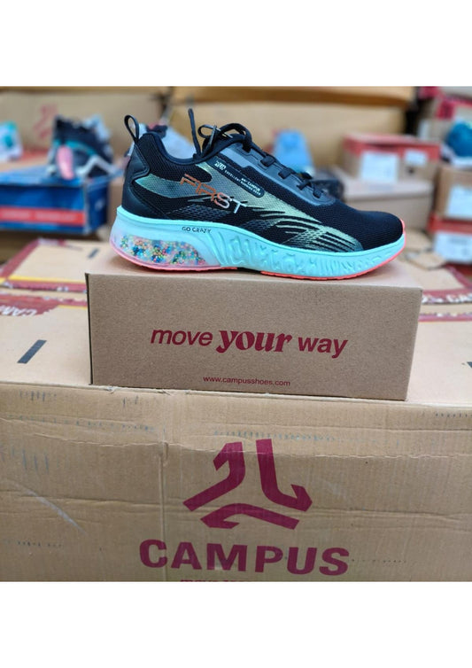 Black Campus Fast running shoe with iridescent FAST branding, teal midsole, bead-filled heel window, and orange outsole.
