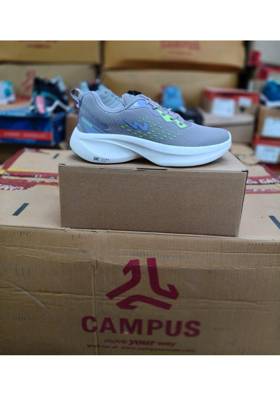 Side profile of a Campus Flexible Flow men's running shoe in grey with lime green and blue accents on a white cushioned sole