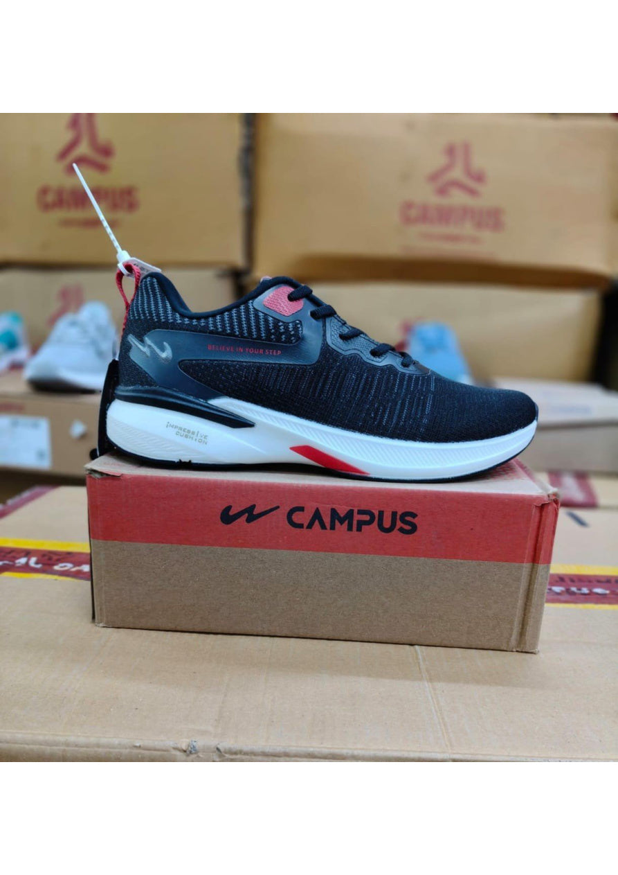Side profile of a Campus Impressive Cushion men's running shoe in navy with red accents and a thick white midsole