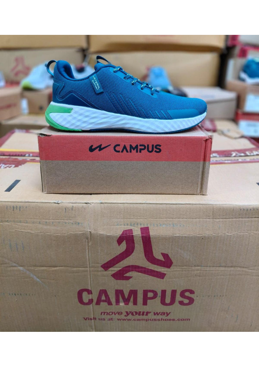 Teal Campus mesh running shoe with white textured midsole, lime green heel accent, and Lateral Support side tag.
