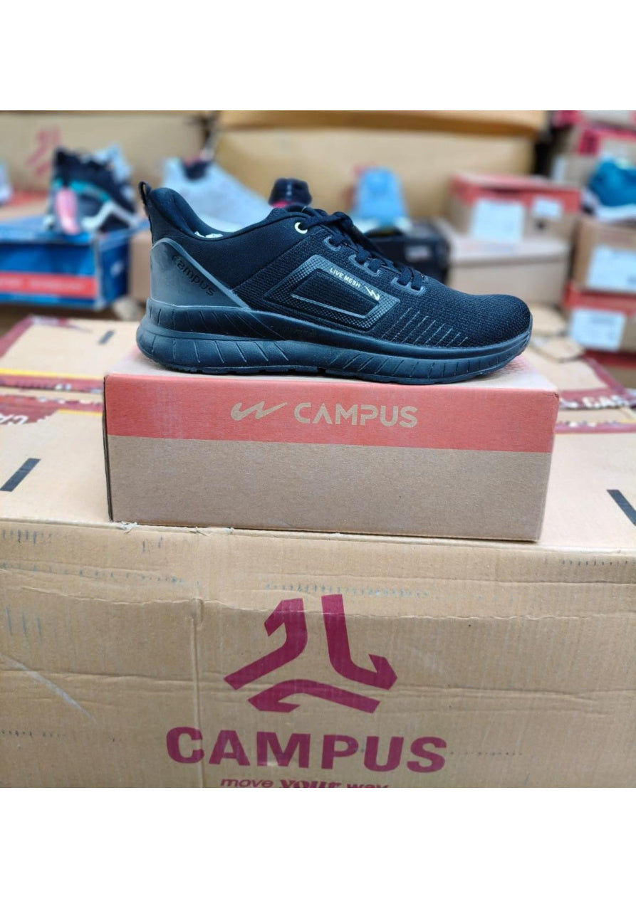 All-black Campus Live Mesh running shoe with textured cushioned midsole and reinforced branded heel counter.