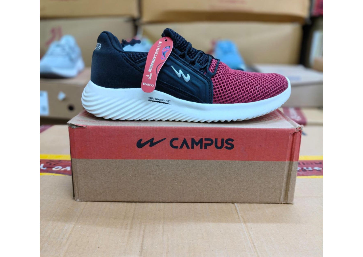 Side view of a Campus Memorytech Lite men's running shoe in maroon and black with a white Springy Fit midsole