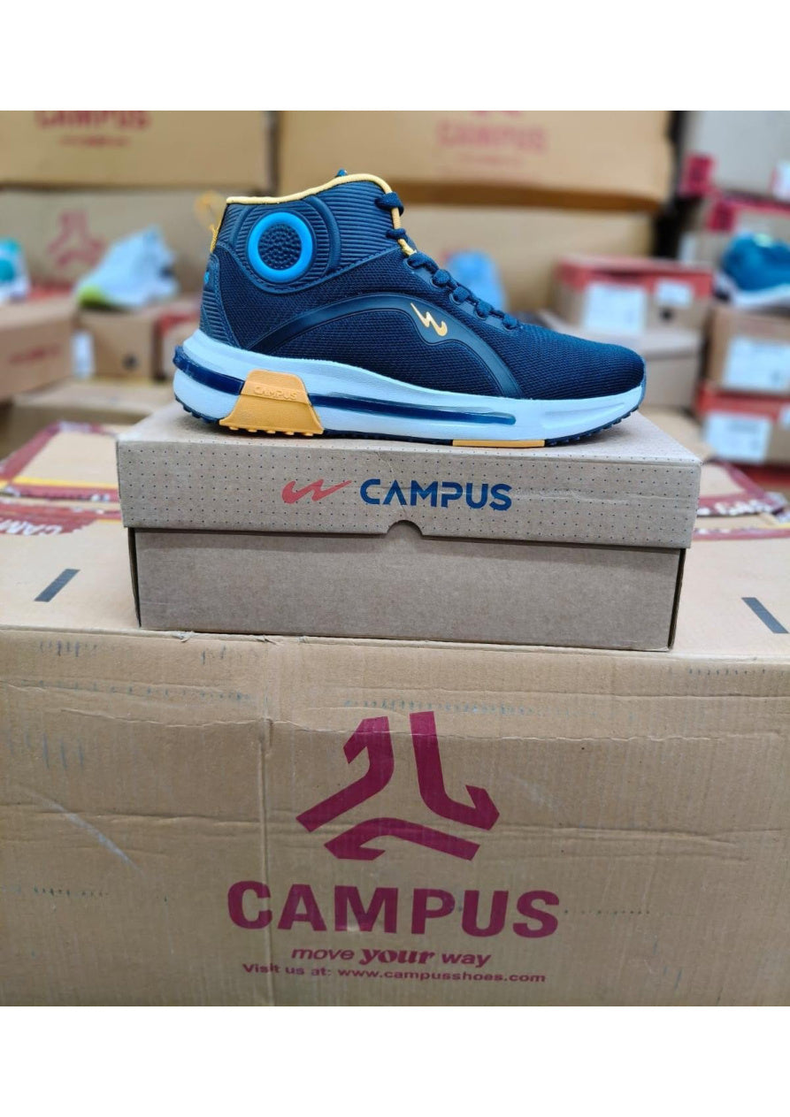 Side view of a Campus men's mid-top lifestyle sneaker in navy with teal ankle detail and a chunky white and yellow midsole