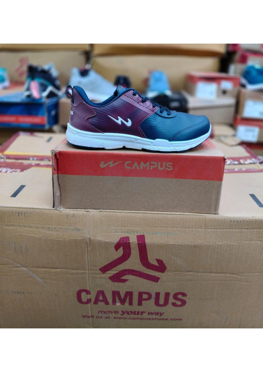 Navy and burgundy two-tone Campus sneaker with white midsole and diagonal line pattern across upper.