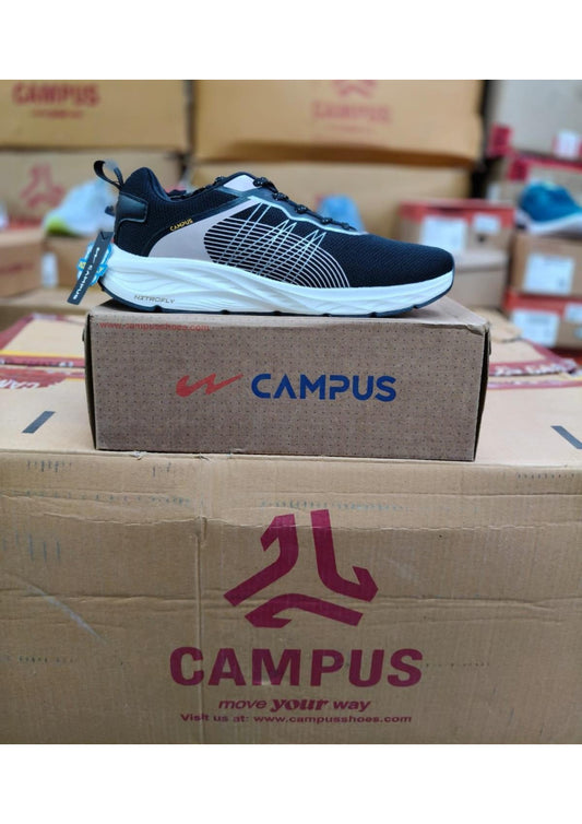 Side profile of a Campus Nitrofly men's running shoe in black mesh with beige panel detail and a white cushioned midsole