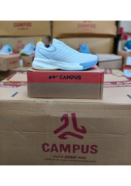 Side view of a Campus Nitrofly men's running shoe in white with light blue and yellow accents on a sculpted white midsole