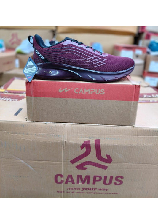 Maroon Campus Pilot running shoe with wavy mesh upper, gold Pilot midsole branding, and chunky dark sole.