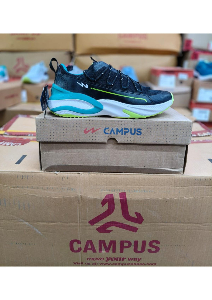 Side view of a Campus men's running shoe in black with a white chunky midsole and teal and lime green accents