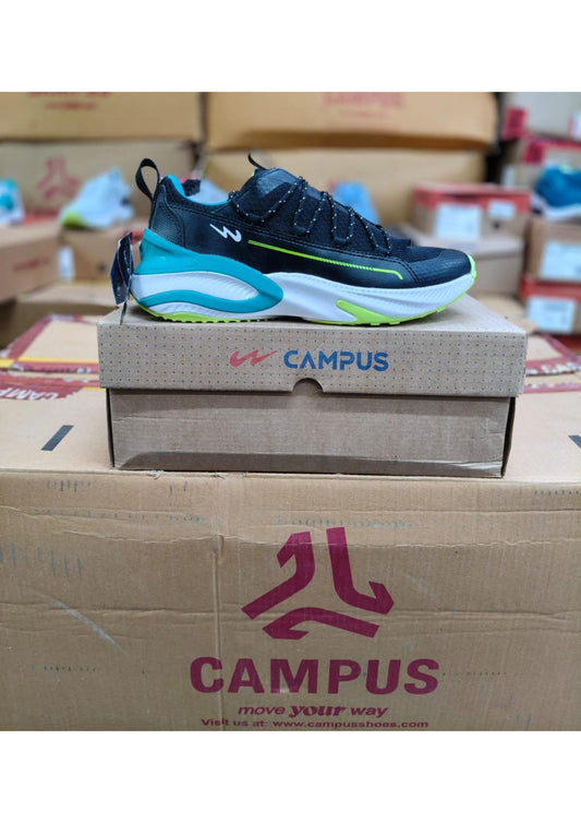 Side view of a Campus men's running shoe in black with a white chunky midsole and teal and lime green accents