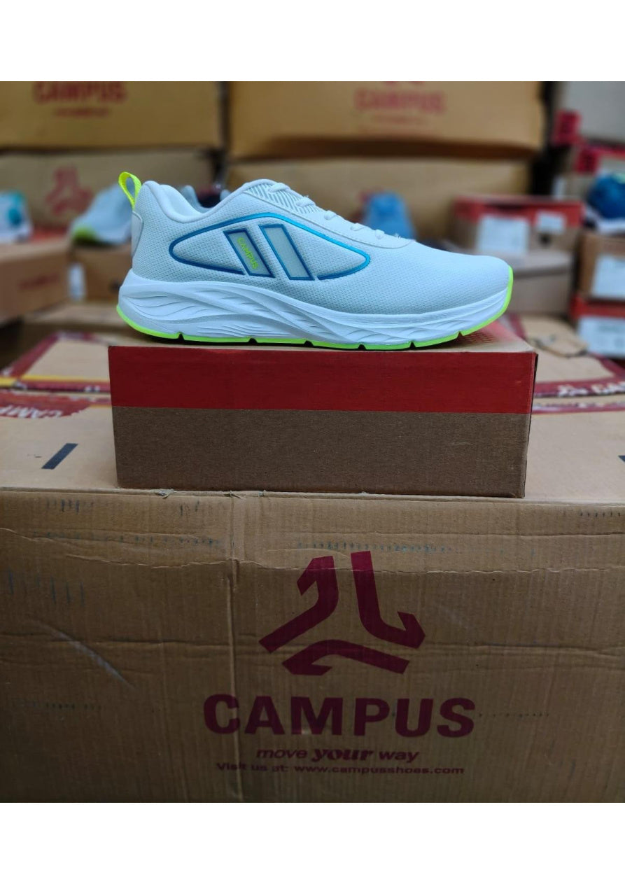 Side view of a Campus men's running shoe in white with blue side graphic and lime green heel and outsole accents