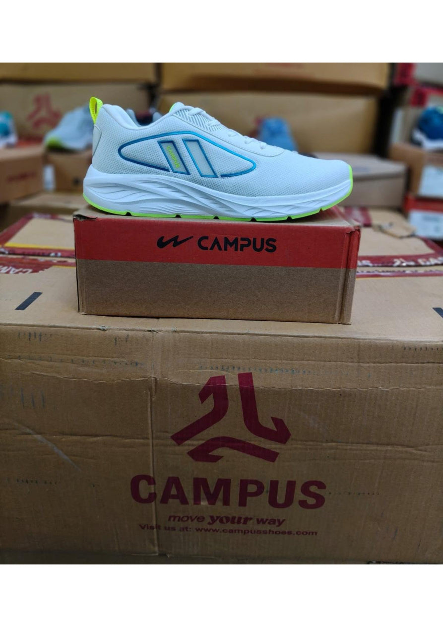 Side profile of a Campus men's running shoe in white with teal side graphic and lime green heel pull tab
