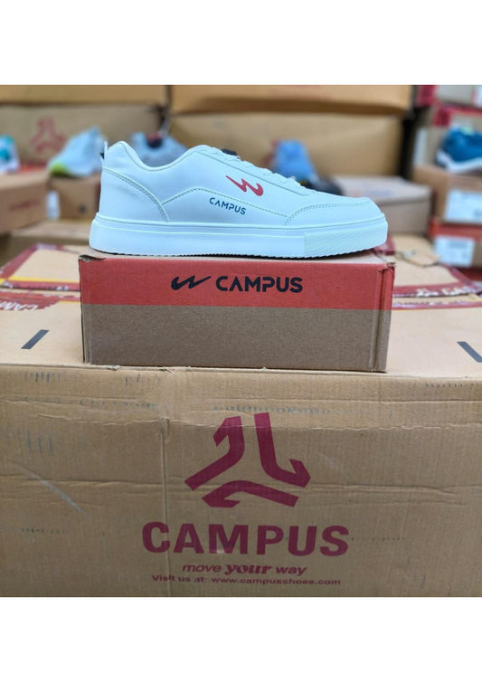 Clean white Campus lifestyle sneaker with navy CAMPUS branding and red W logo on a thick white sole.