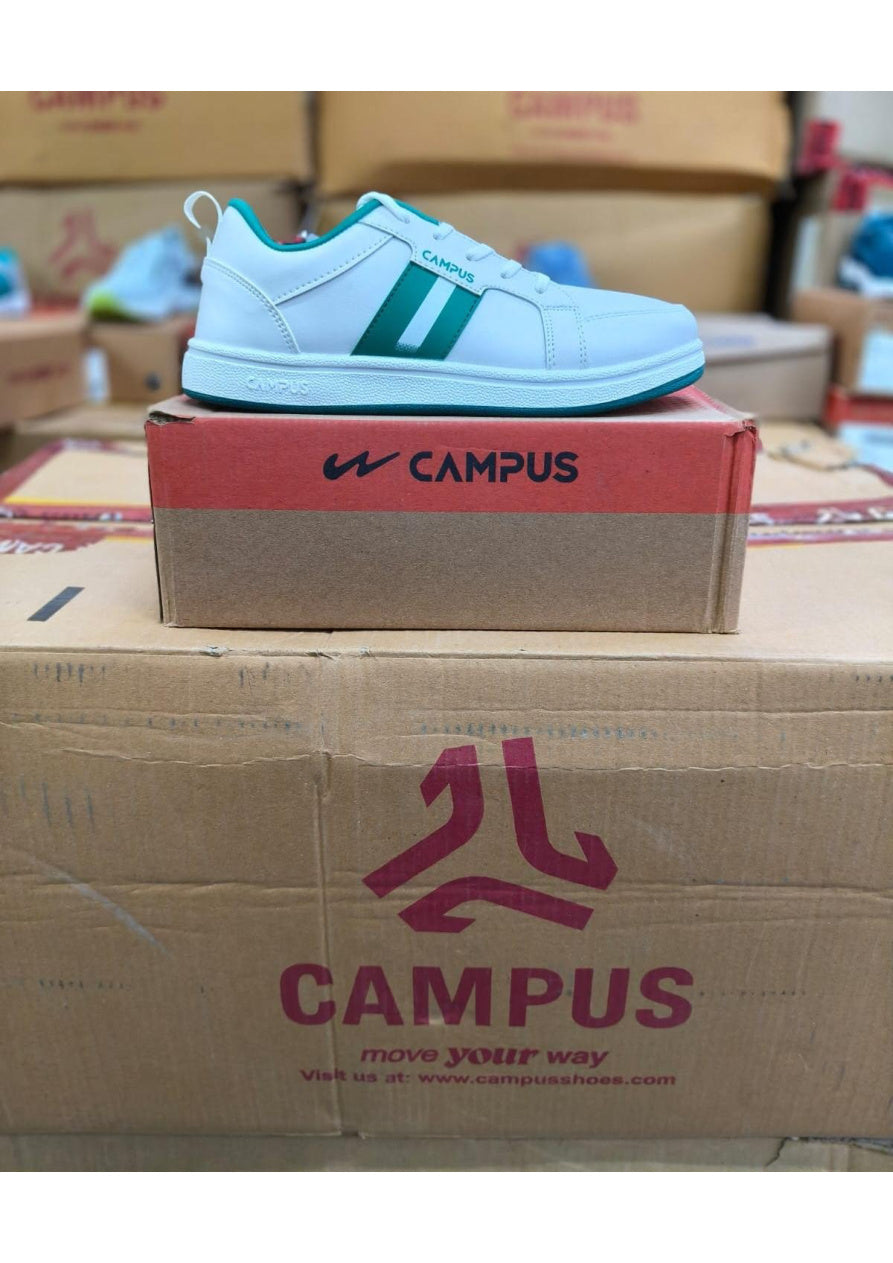 White Campus low-top sneaker with two green diagonal side stripes and green lining, resting on a Campus shoebox.