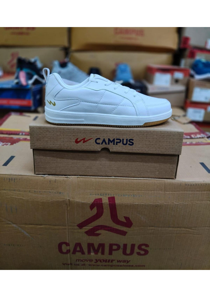 Side view of a white Campus men's lifestyle sneaker with a gum-coloured rubber sole and gold heel logo