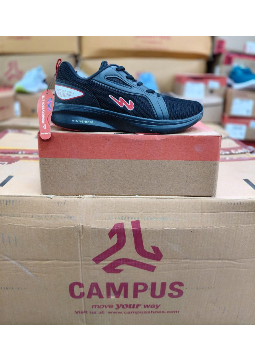 Black Campus Winner Spirit running shoe with red accents, mesh upper, and MemoryTech Lite tag on laces.