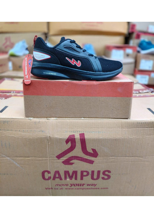 Black Campus Winner Spirit running shoe with red accents, mesh upper, and MemoryTech Lite tag on laces.