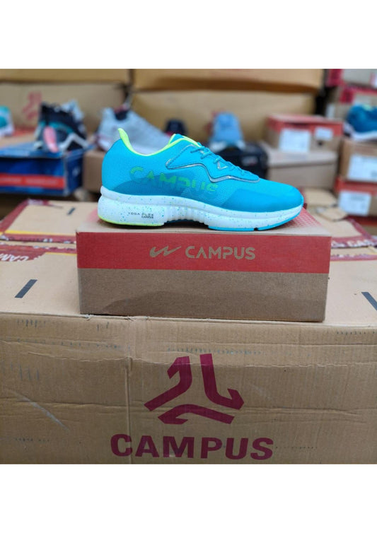 Cyan Campus Yoga Flex athletic shoe with lime green accents and white speckled midsole on branded box.