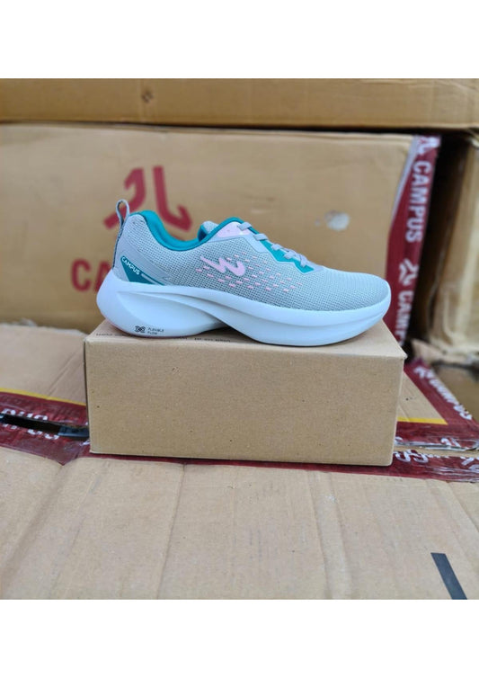 Side view of a Campus Flexible Flow women's running shoe in grey mesh with pink and teal accents and a thick white cushioned sole