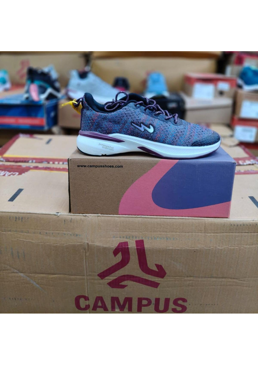 Purple and navy multi-colour knit Campus running shoe with Improved Cushion midsole branding and purple laces.
