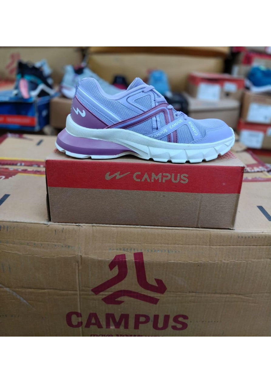 Lavender and plum Campus women's athletic shoe with CAMPUS-branded midfoot straps and chunky white midsole.