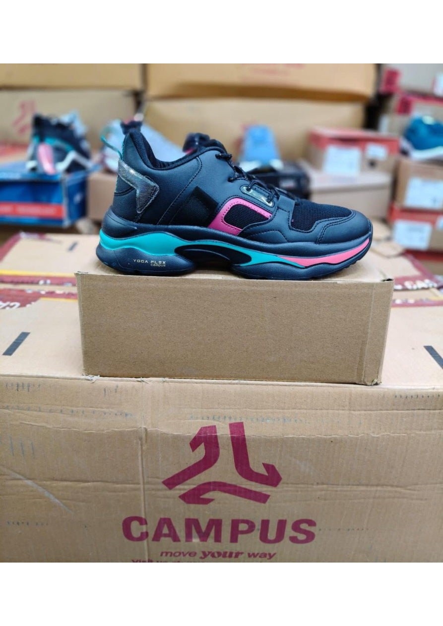 Side view of a Campus Yoga Flex women's sneaker in black with teal and pink chunky sole accents and reflective heel detail