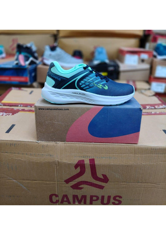Side view of a Campus Yoga Flex women's running shoe with a navy-to-teal gradient upper and white cushioned midsole