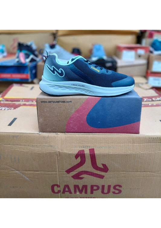 Campus Yoga Flex shoe with navy-to-mint gradient mesh upper and white textured midsole on branded box.