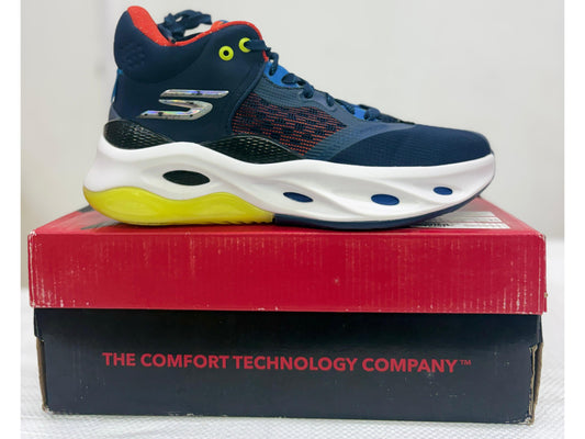 Navy high-top Skechers sneaker with yellow air-cushioned heel and red collar lining on red and black box.