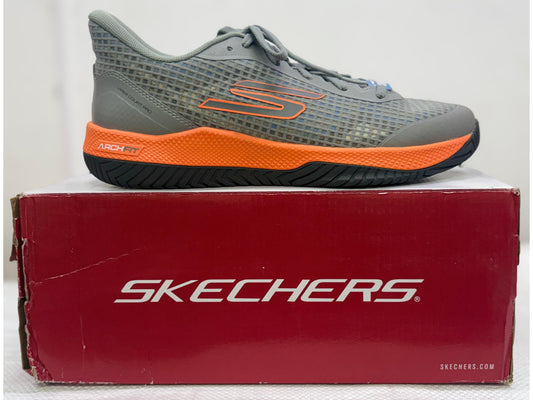 Grey and orange Skechers Viper Court Pro court shoe with Arch Fit midsole on red Skechers box.