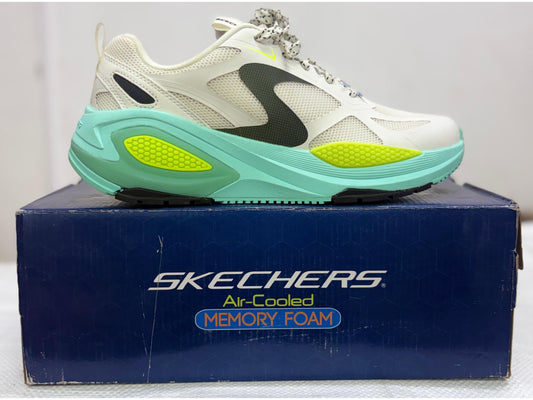 Cream Skechers sneaker with mint green chunky midsole and lime accents on Air-Cooled Memory Foam box.