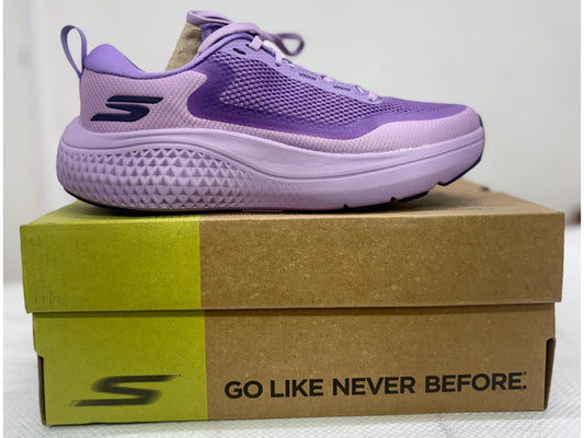 Purple Skechers GO WALK performance walking shoe with thick lavender midsole on GO-branded box.